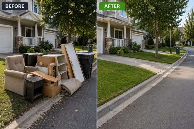 Before and after of a curbside junk pickup completed by Alberta Strong Junk Removal & Hauling in Spruce Grove and the Edmonton area.